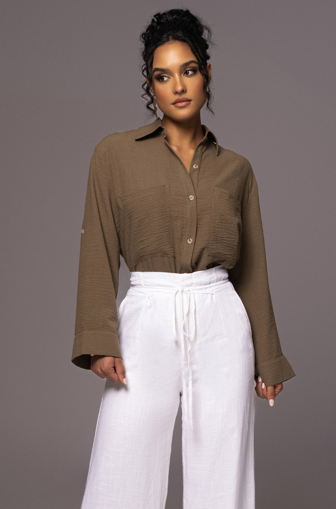 Olive By The Coast Crinkled Button Up