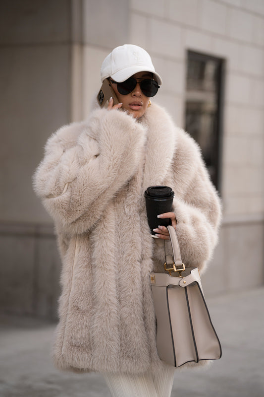 Beige Cropped Manhattan Faux Fur Coat