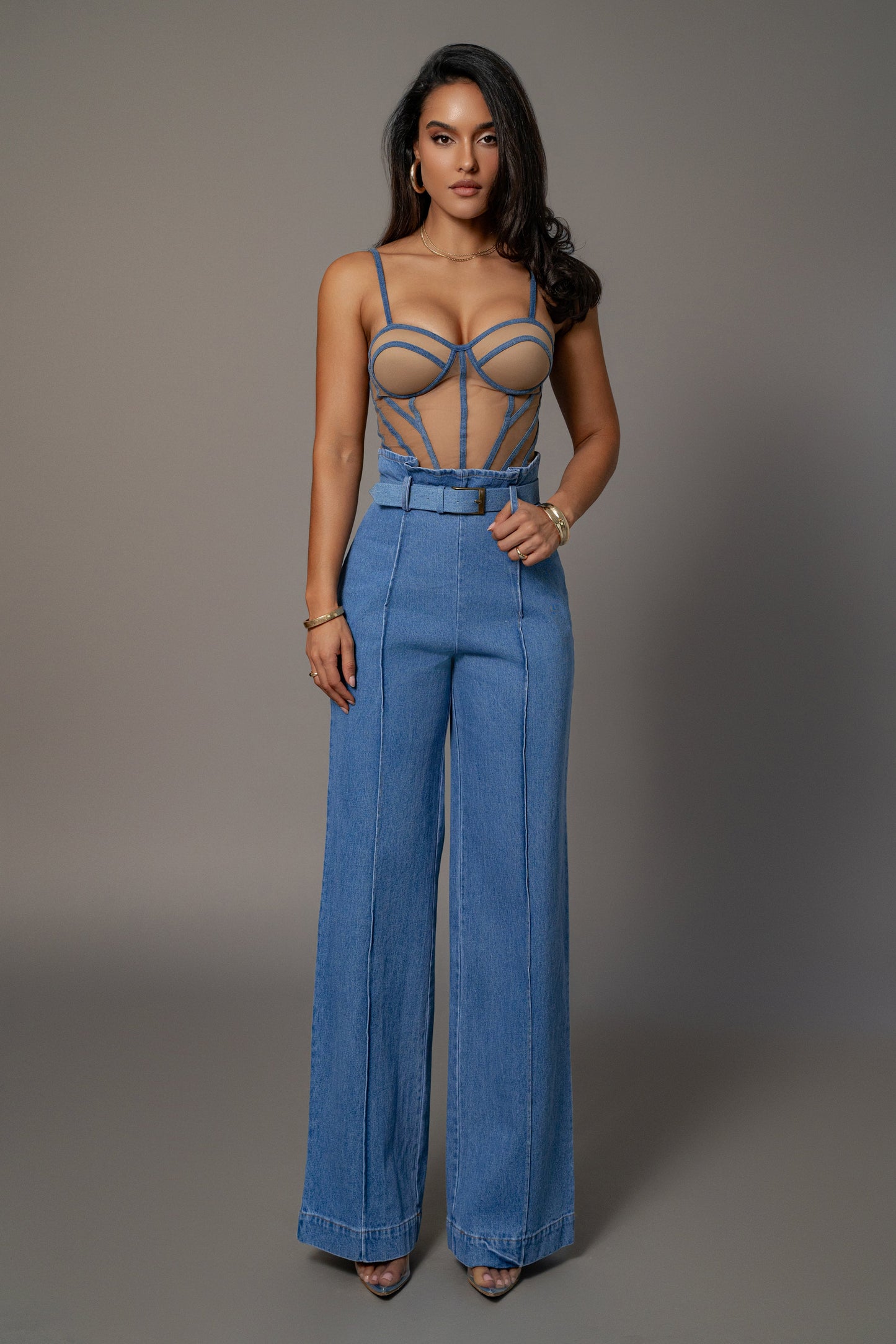 Tan Denim Illusion Mesh Bustier