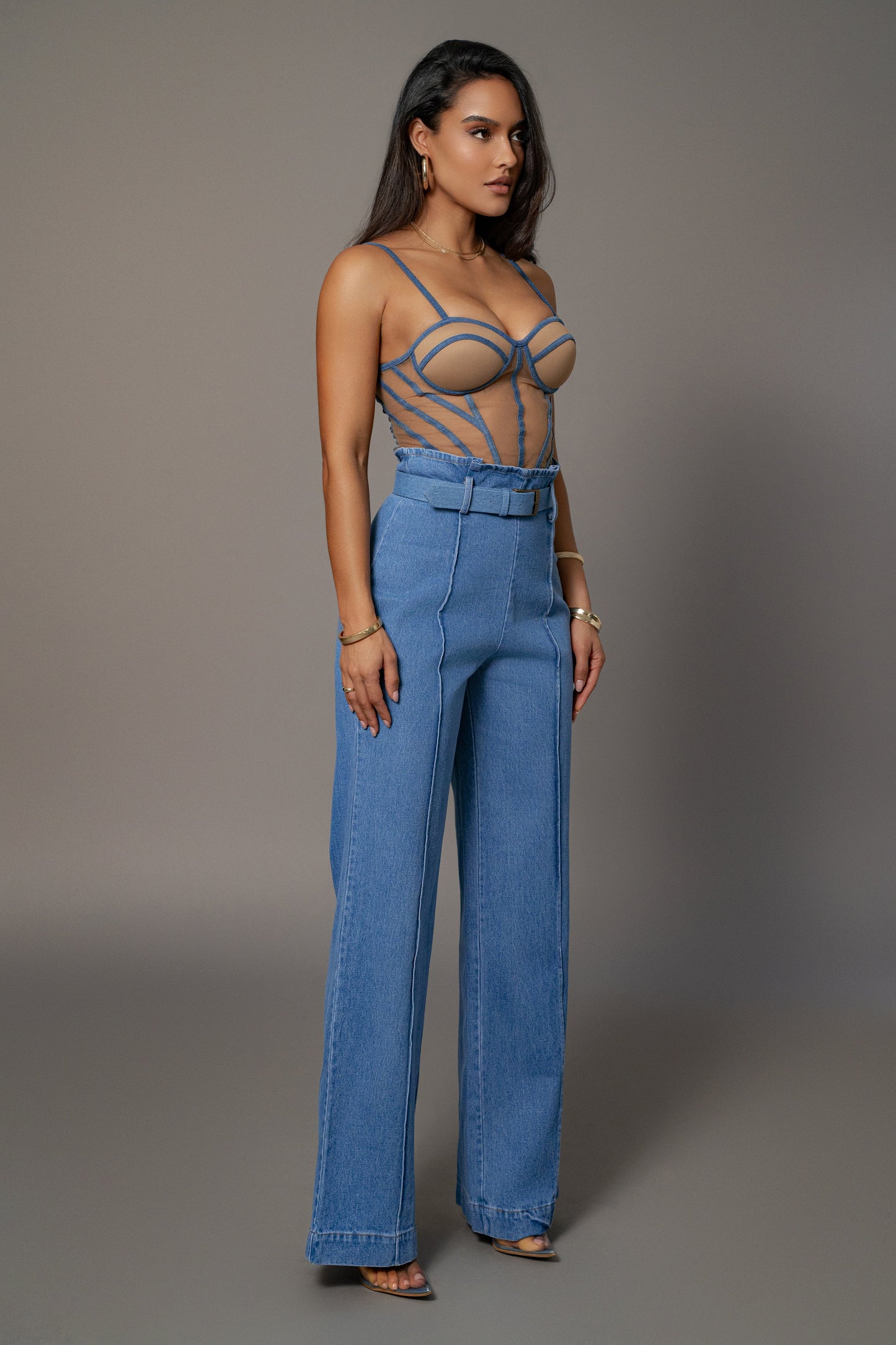 Tan Denim Illusion Mesh Bustier