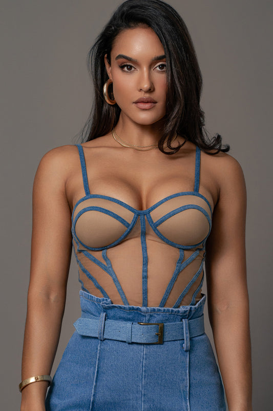 Tan Denim Illusion Mesh Bustier