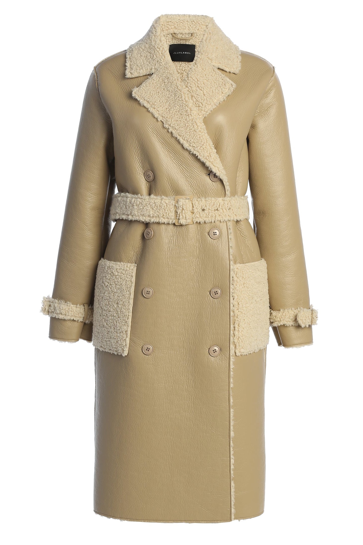 Beige/Ivory Sherpa And Faux Leather Coat