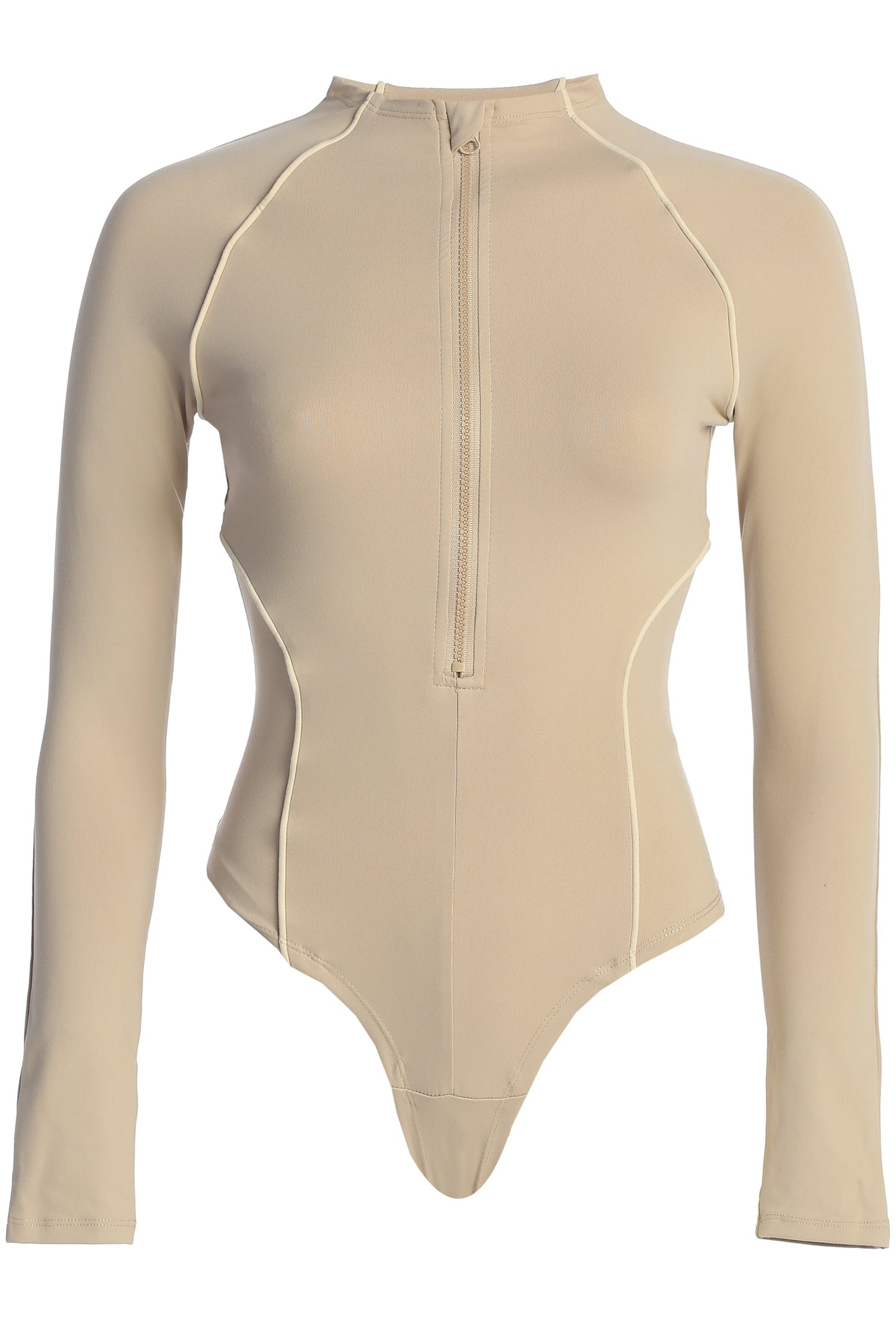 Beige Rise Up Zip Front Bodysuit