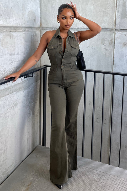 Let's Go Party Denim Jumpsuit - Olive