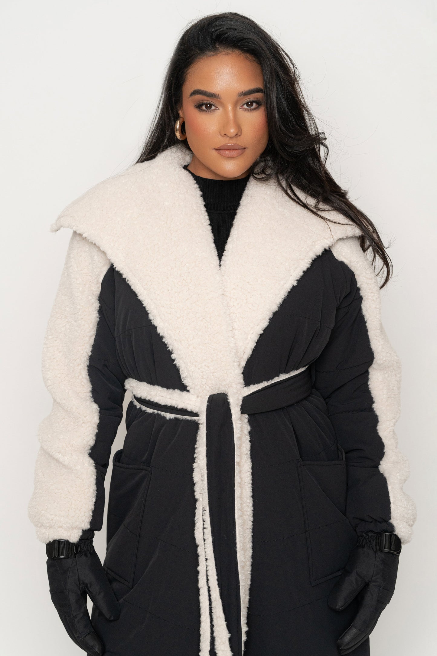 Black/Ivory Contrast Sherpa Coat