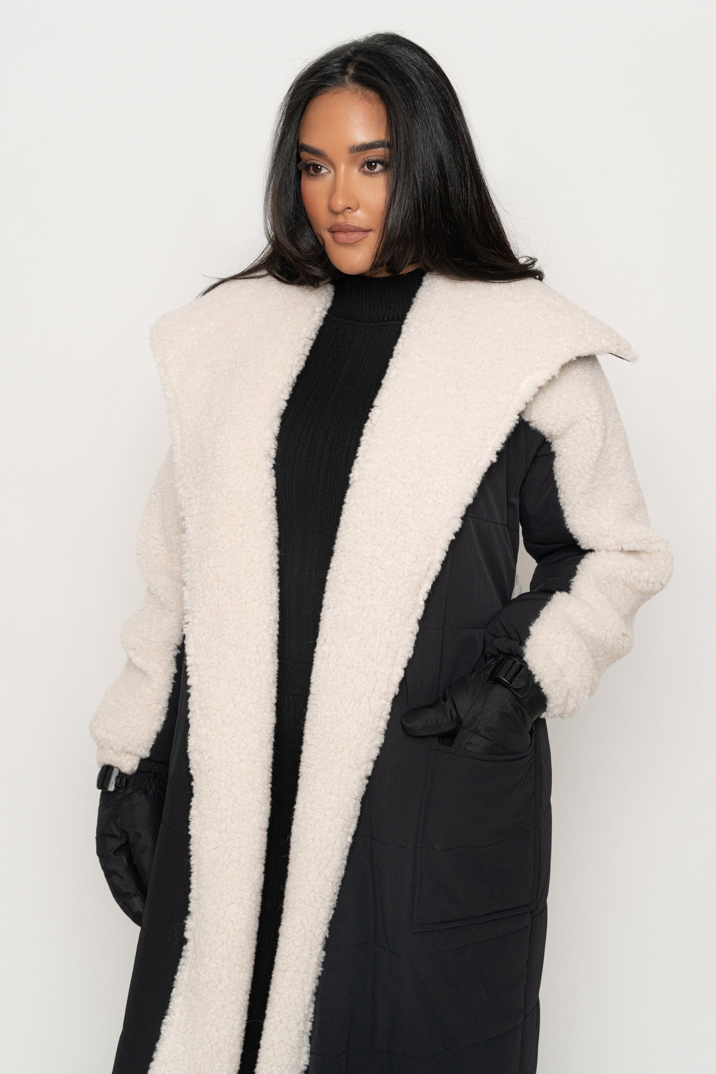 Black/Ivory Contrast Sherpa Coat