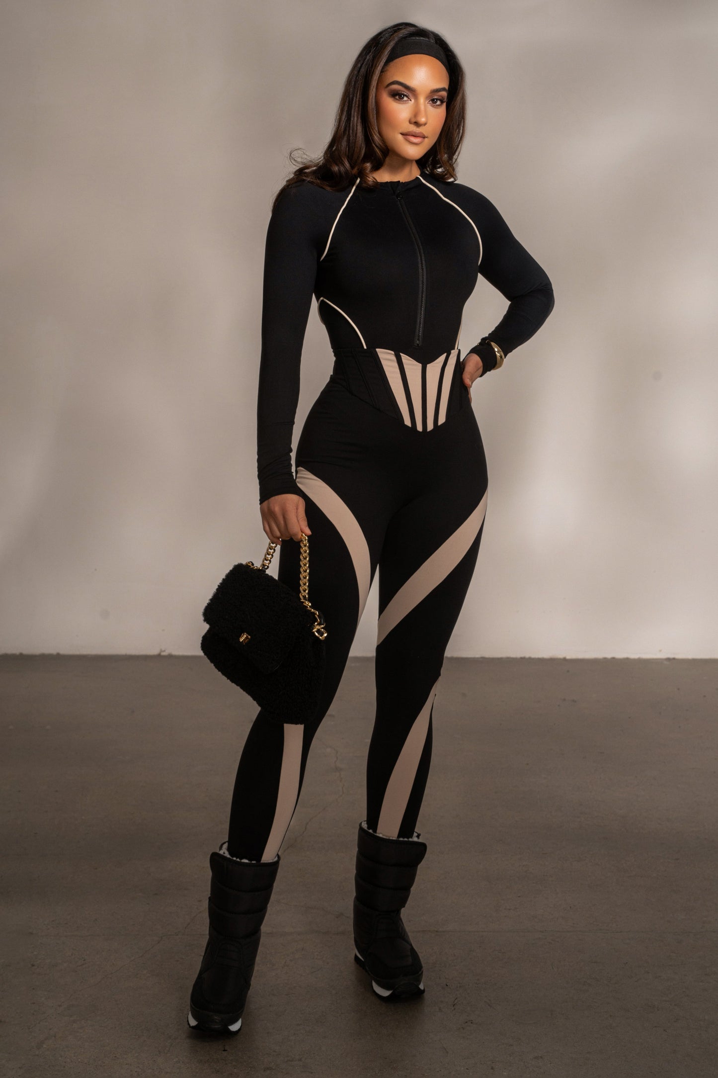 Black Rise Up Zip Front Bodysuit