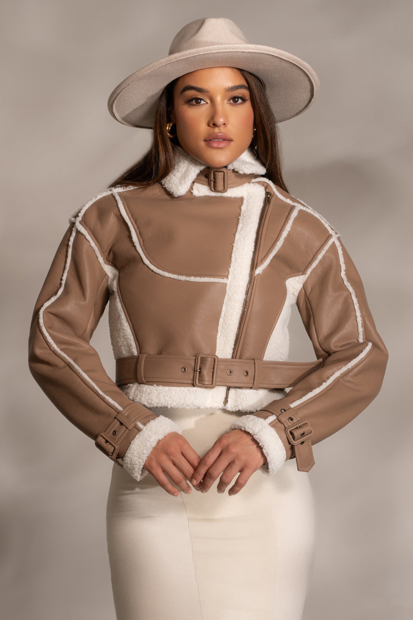 Tan Faux Leather Sherpa Jacket