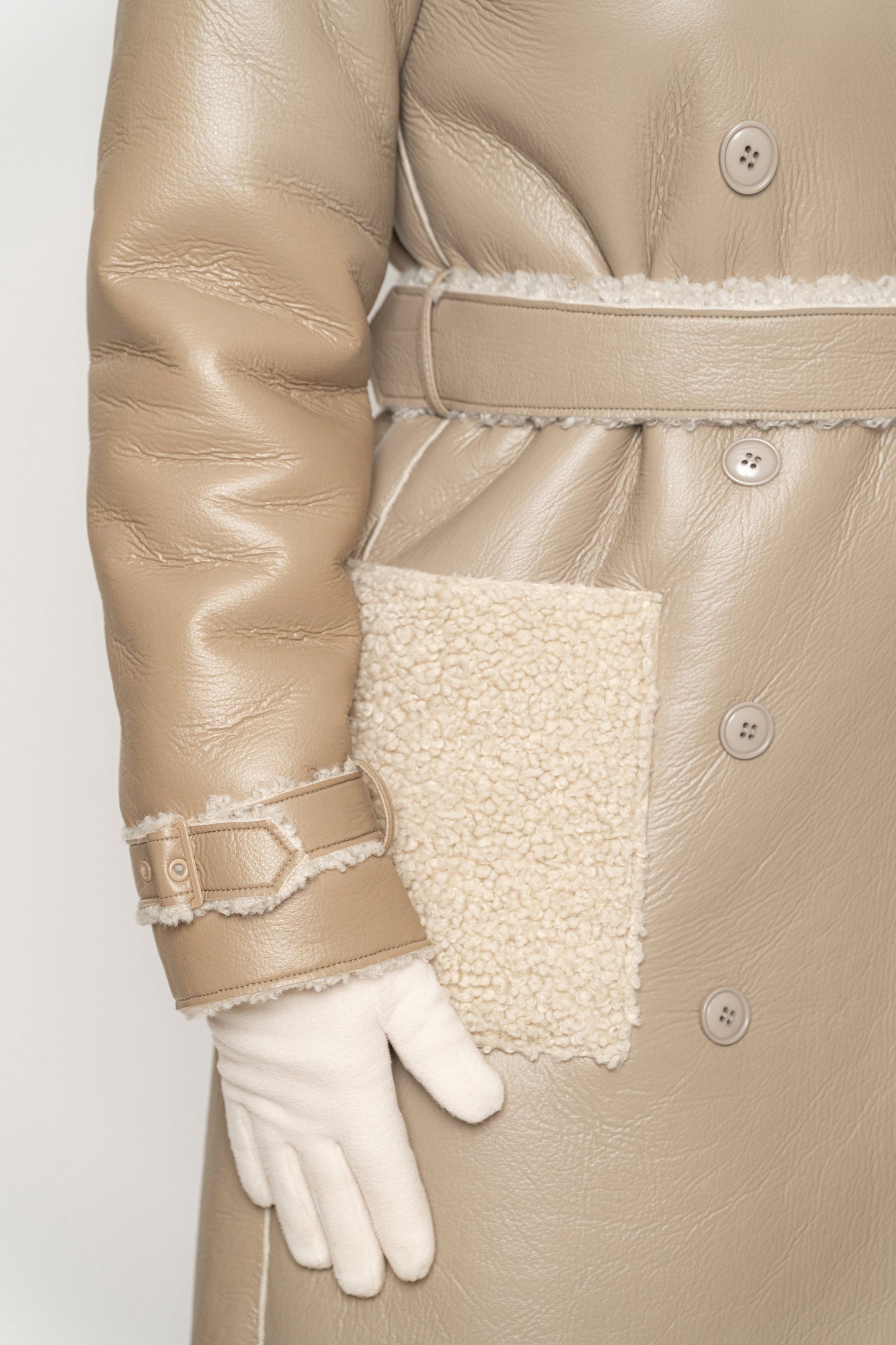 Beige/Ivory Sherpa And Faux Leather Coat