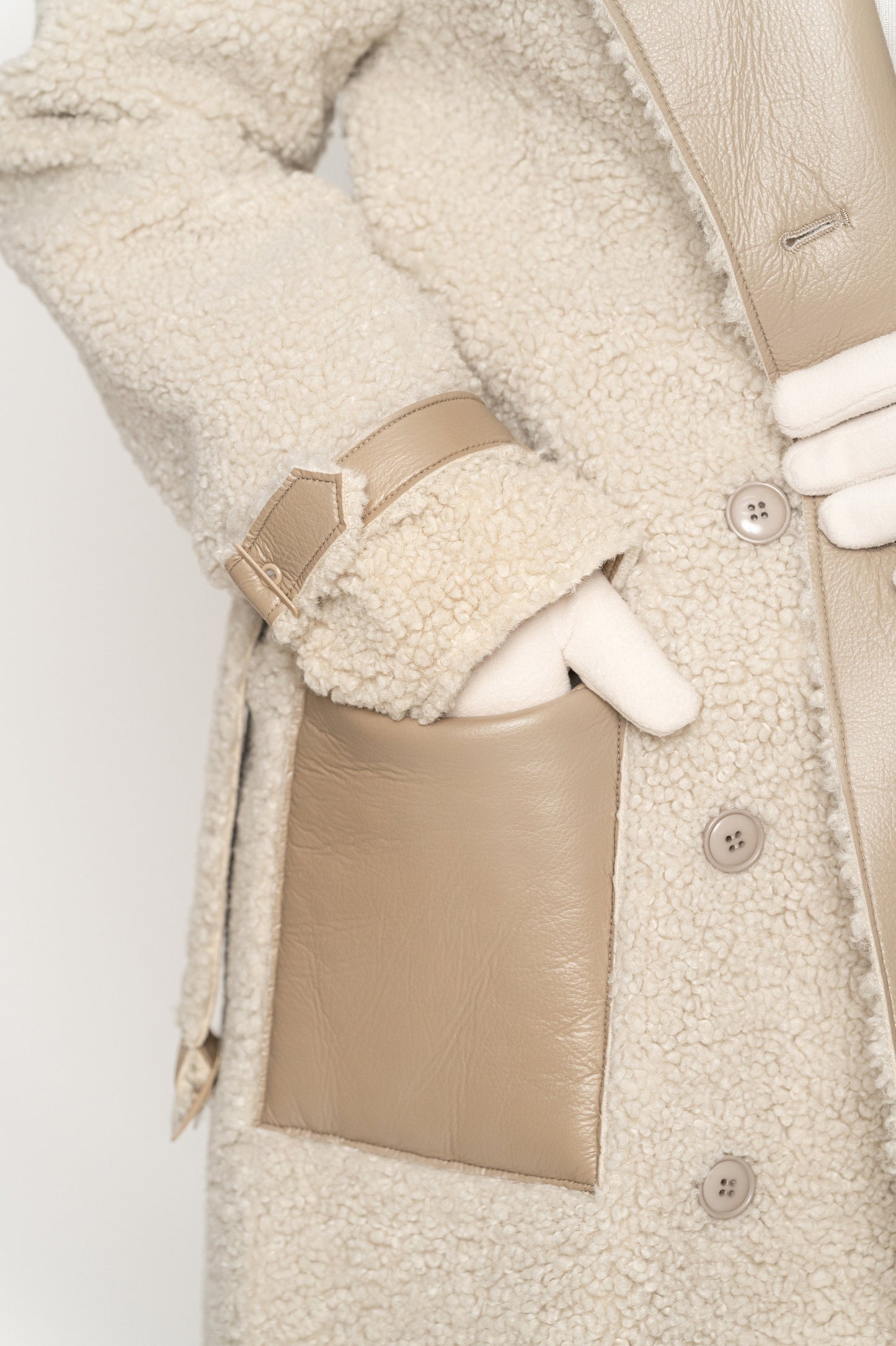 Beige/Ivory Sherpa And Faux Leather Coat