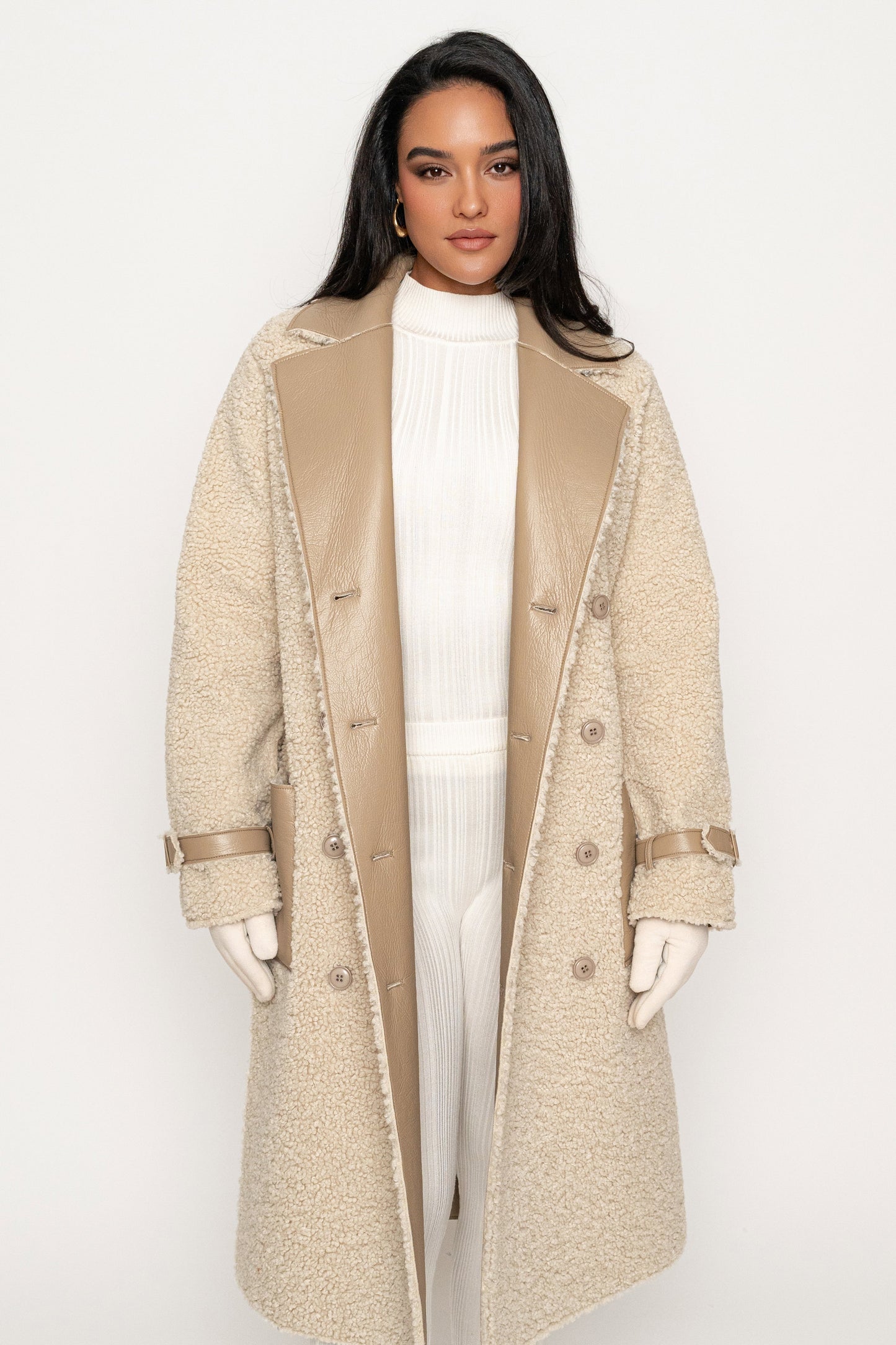 Beige/Ivory Sherpa And Faux Leather Coat