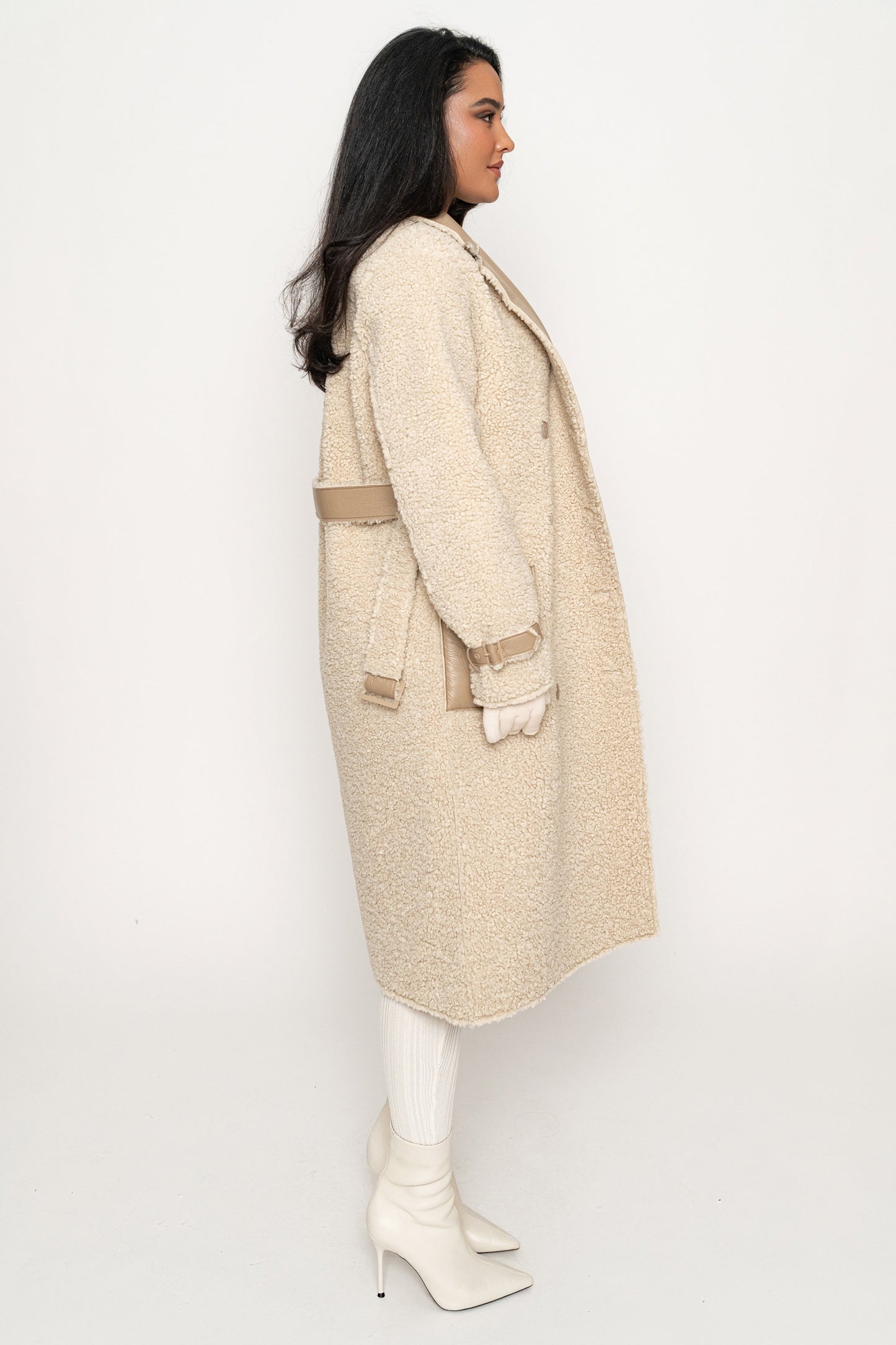 Beige/Ivory Sherpa And Faux Leather Coat