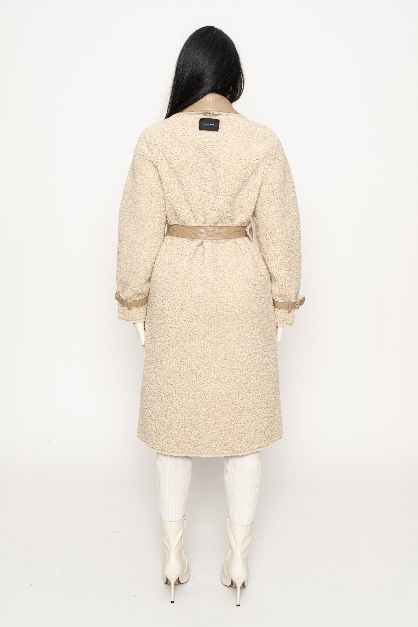 Beige/Ivory Sherpa And Faux Leather Coat