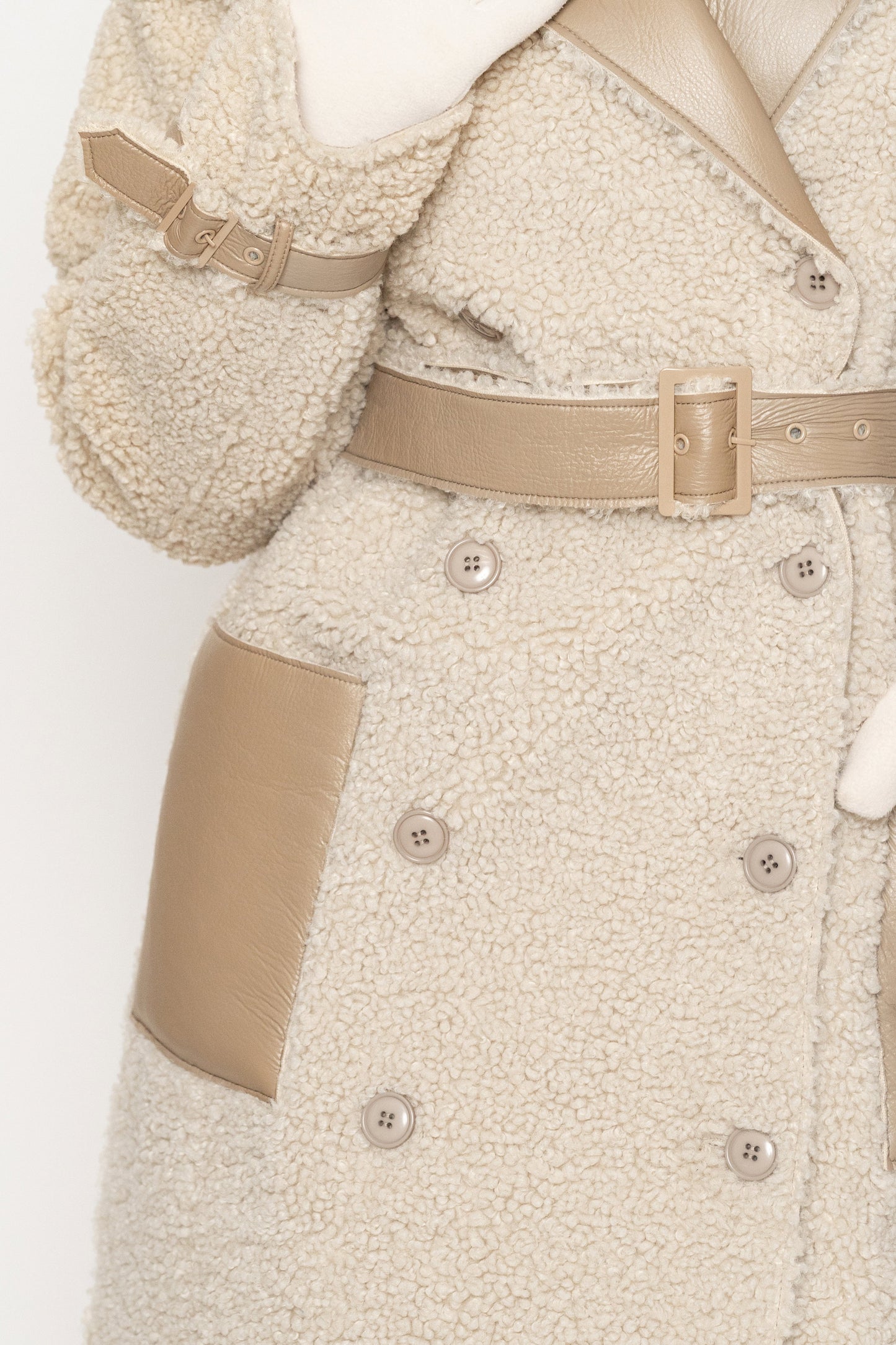 Beige/Ivory Sherpa And Faux Leather Coat