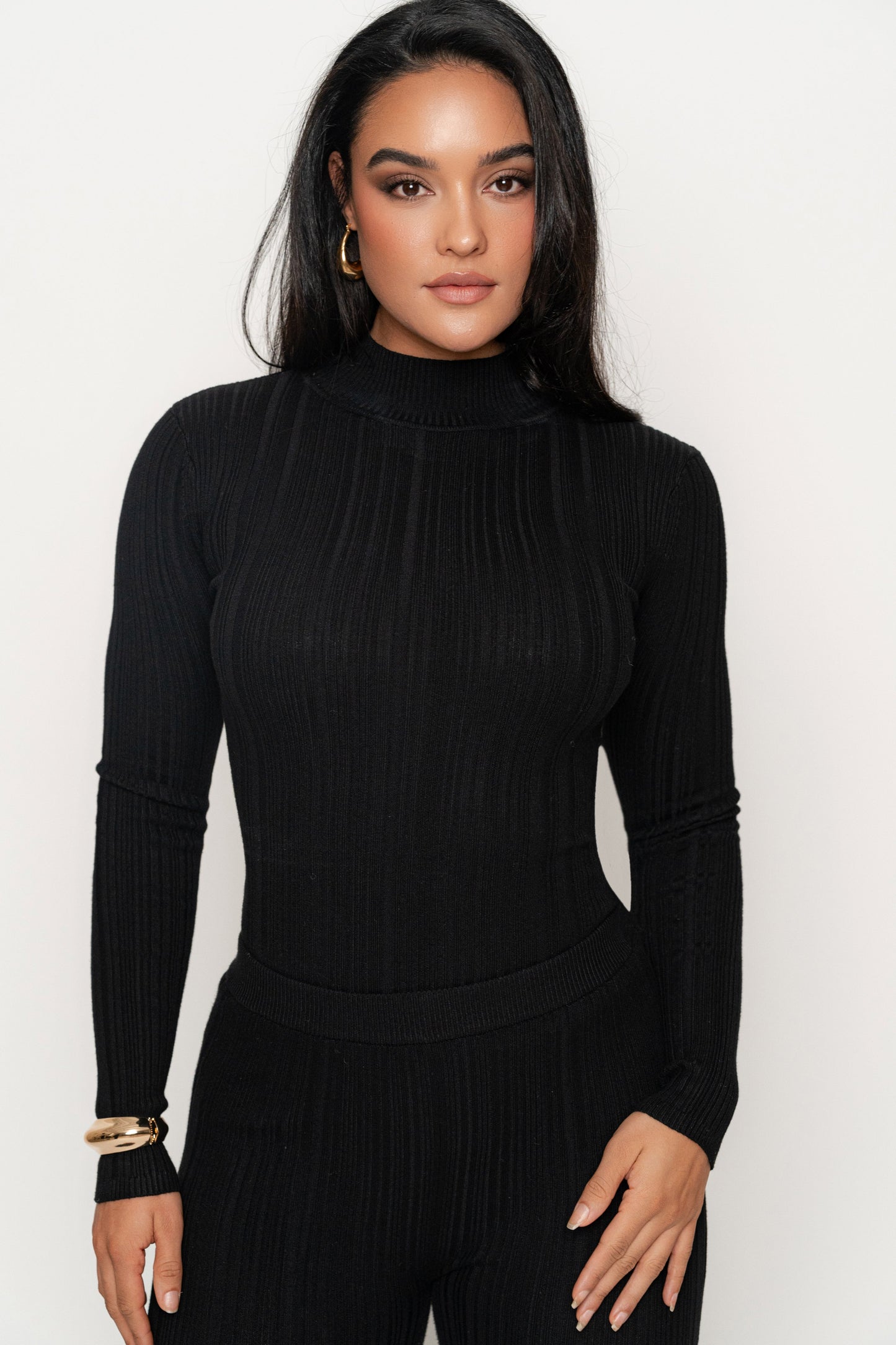 Black Ribbed Mock Neck Top