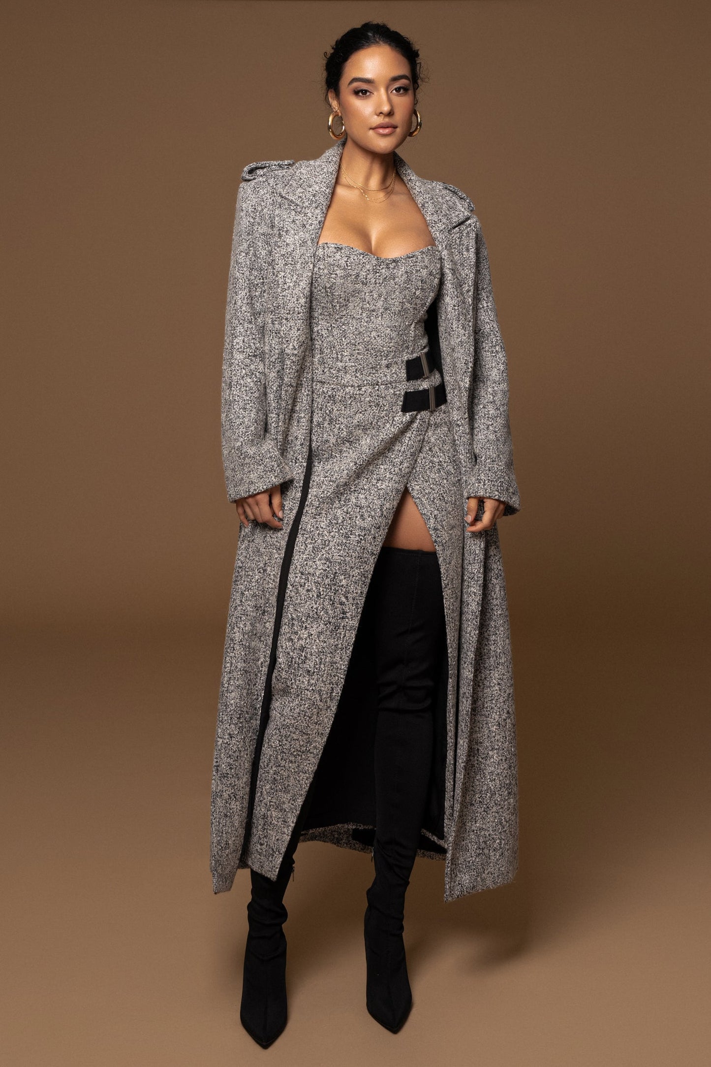 Lt. Grey Savannah Belted Tweed Coat