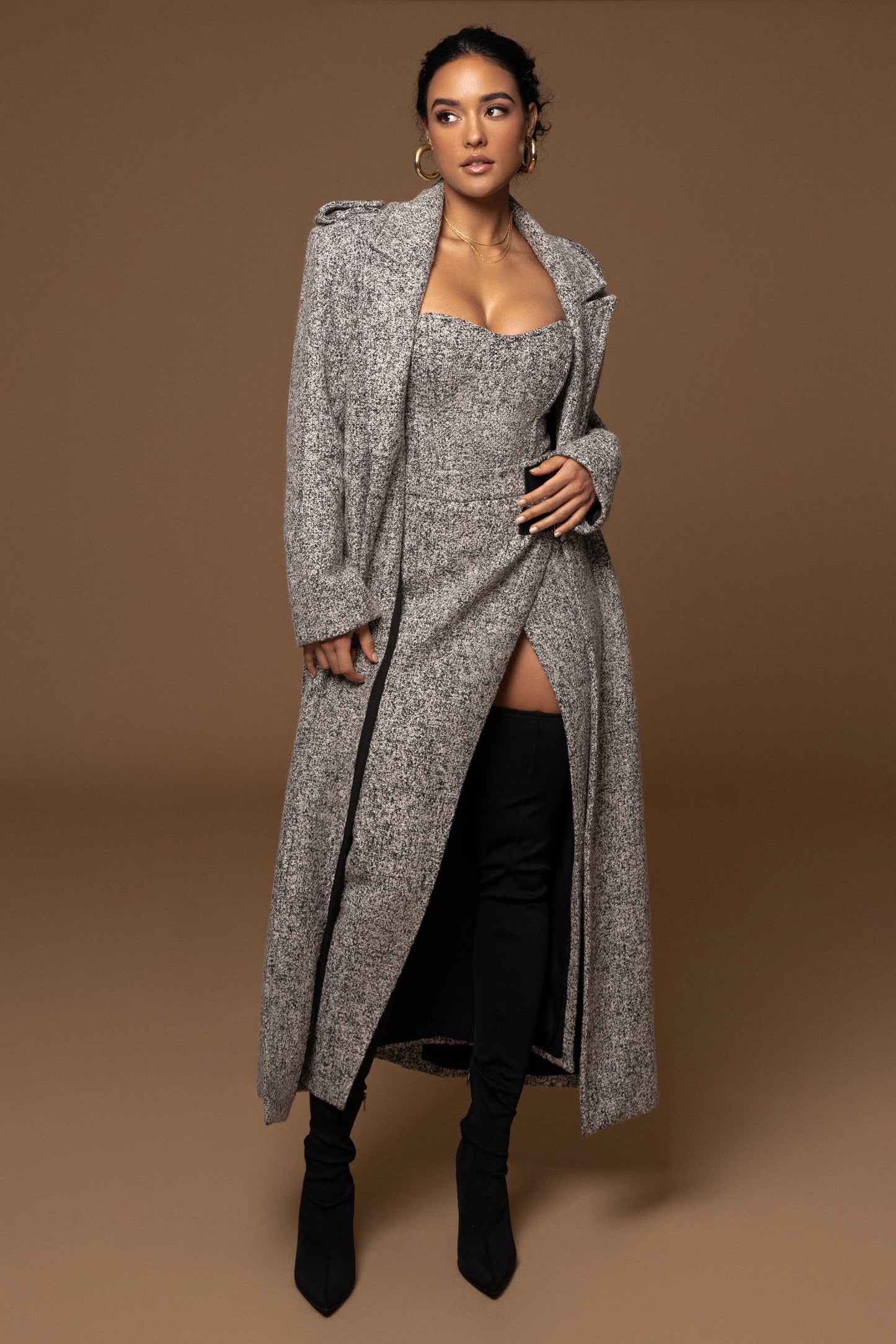 Lt. Grey Savannah Belted Tweed Coat