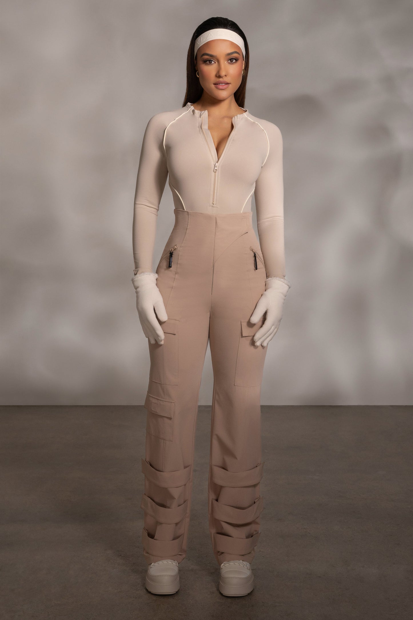 Beige Rise Up Zip Front Bodysuit