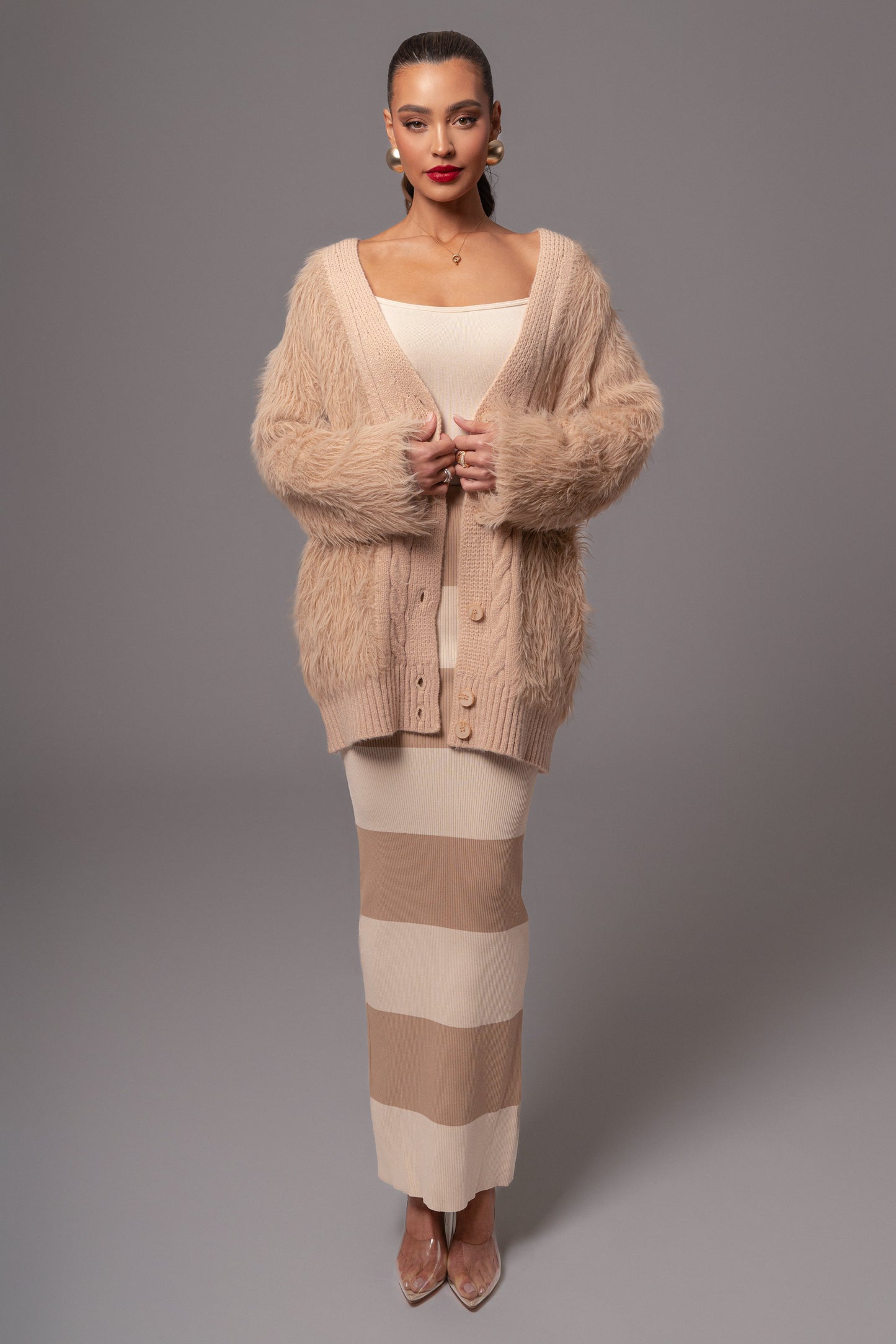 Tan Lola Fuzzy Knit Cardigan