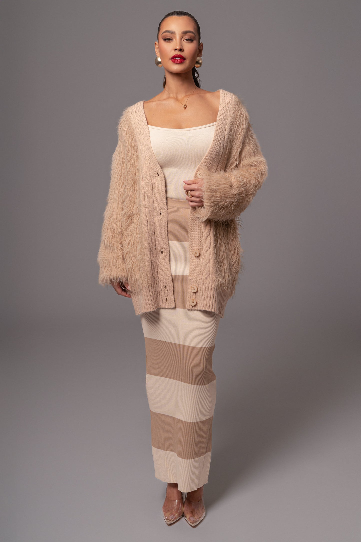 Tan Lola Fuzzy Knit Cardigan