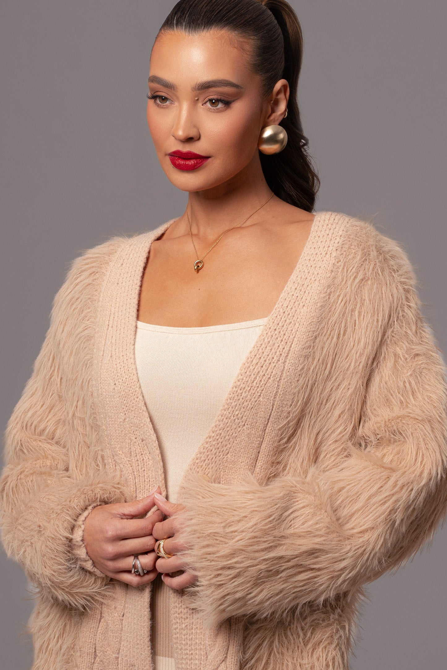 Tan Lola Fuzzy Knit Cardigan