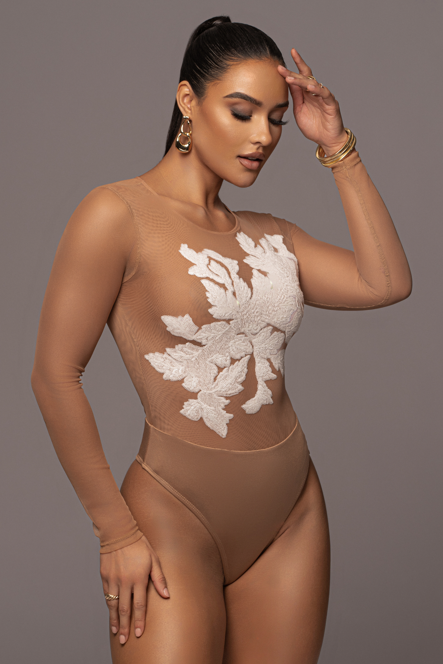 White Charmed Embroidered Mesh Bodysuit