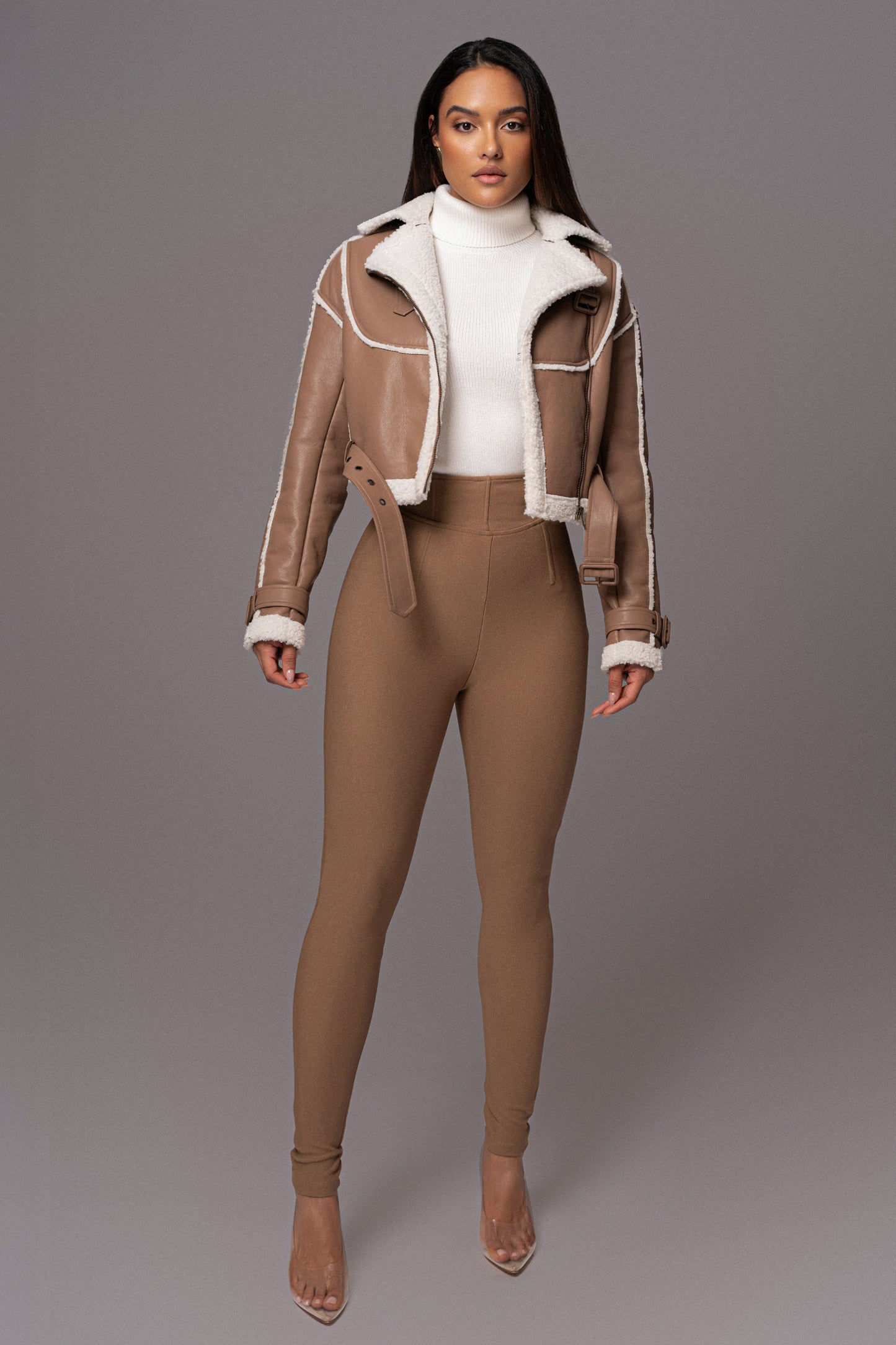 Tan Faux Leather Sherpa Jacket