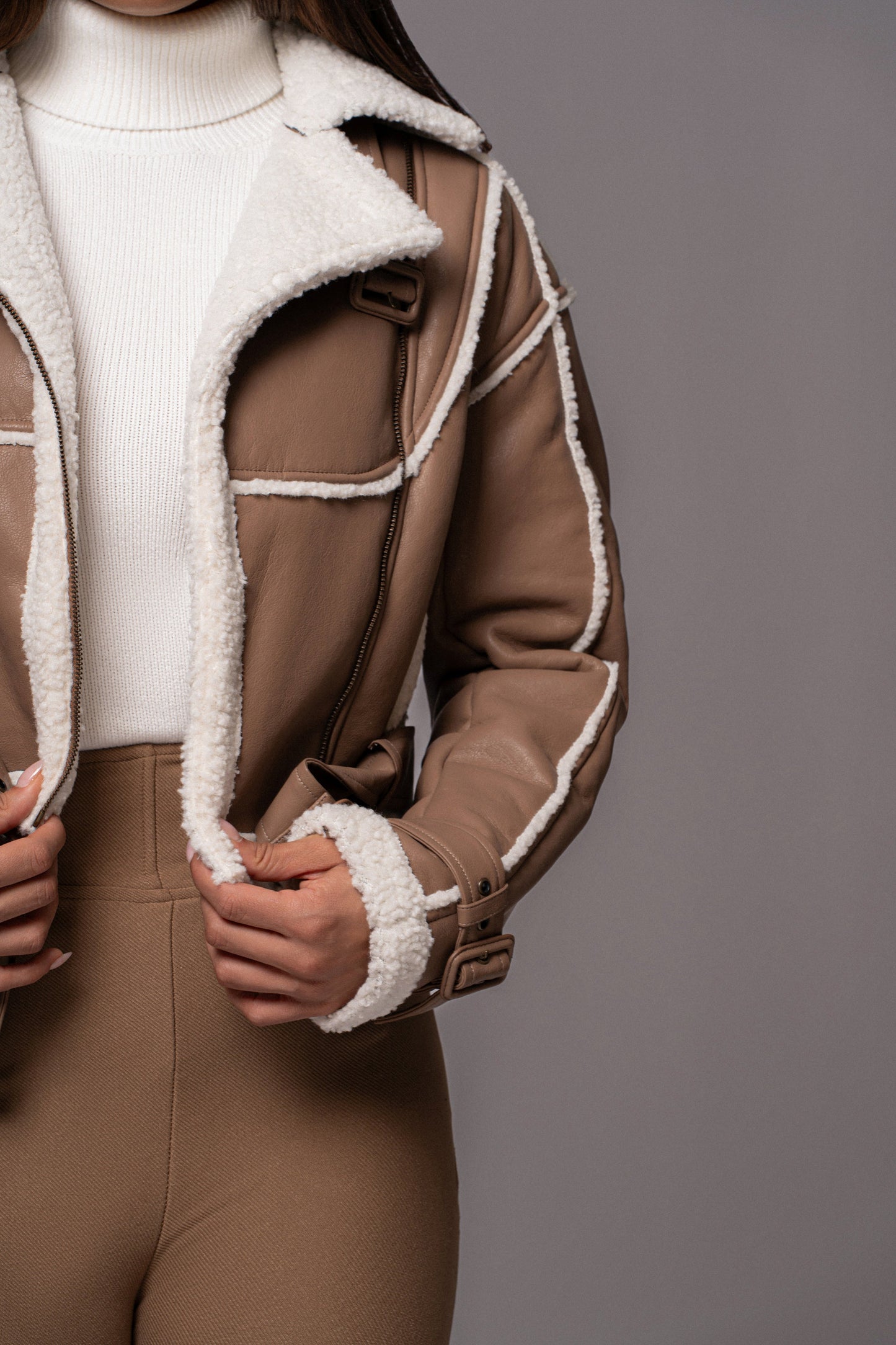 Tan Faux Leather Sherpa Jacket