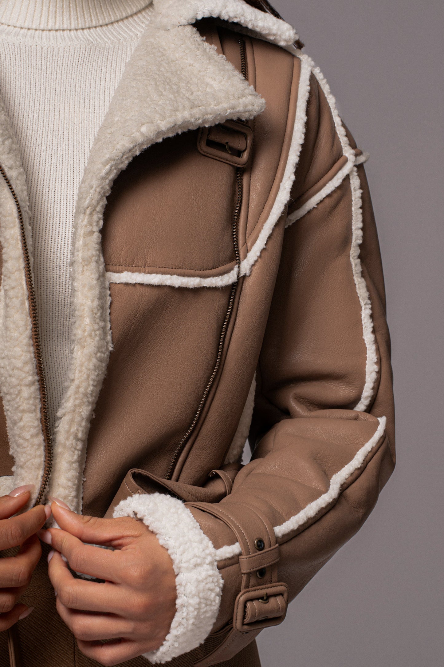 Tan Faux Leather Sherpa Jacket