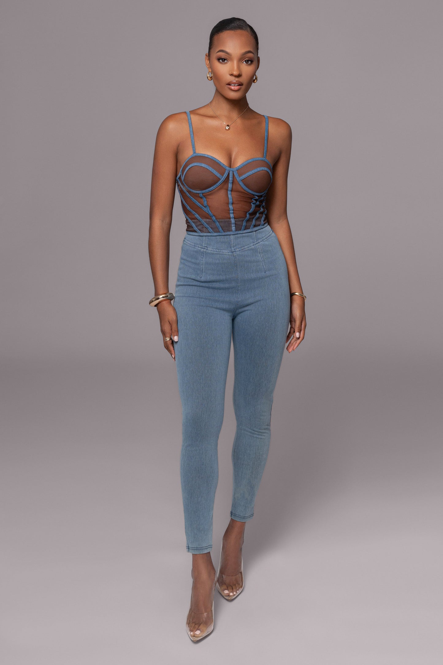 Dark Denim Illusion Mesh Bustier