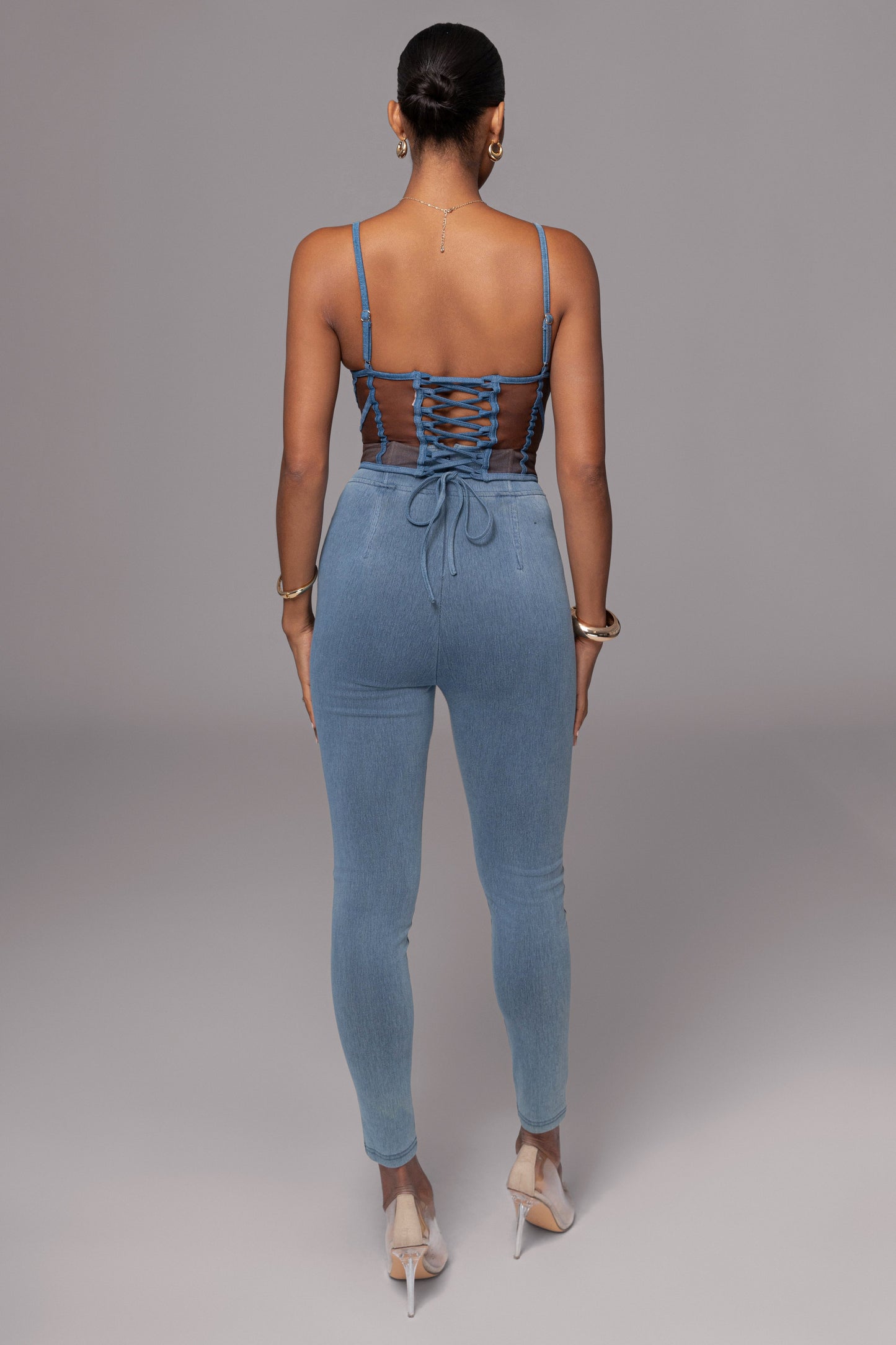 Dark Denim Illusion Mesh Bustier