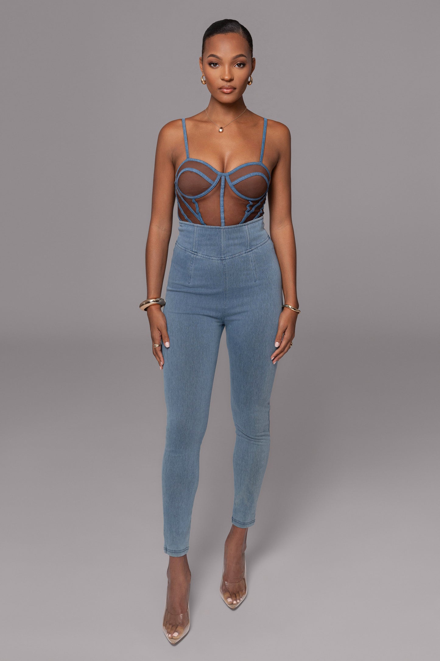 Dark Denim Illusion Mesh Bustier