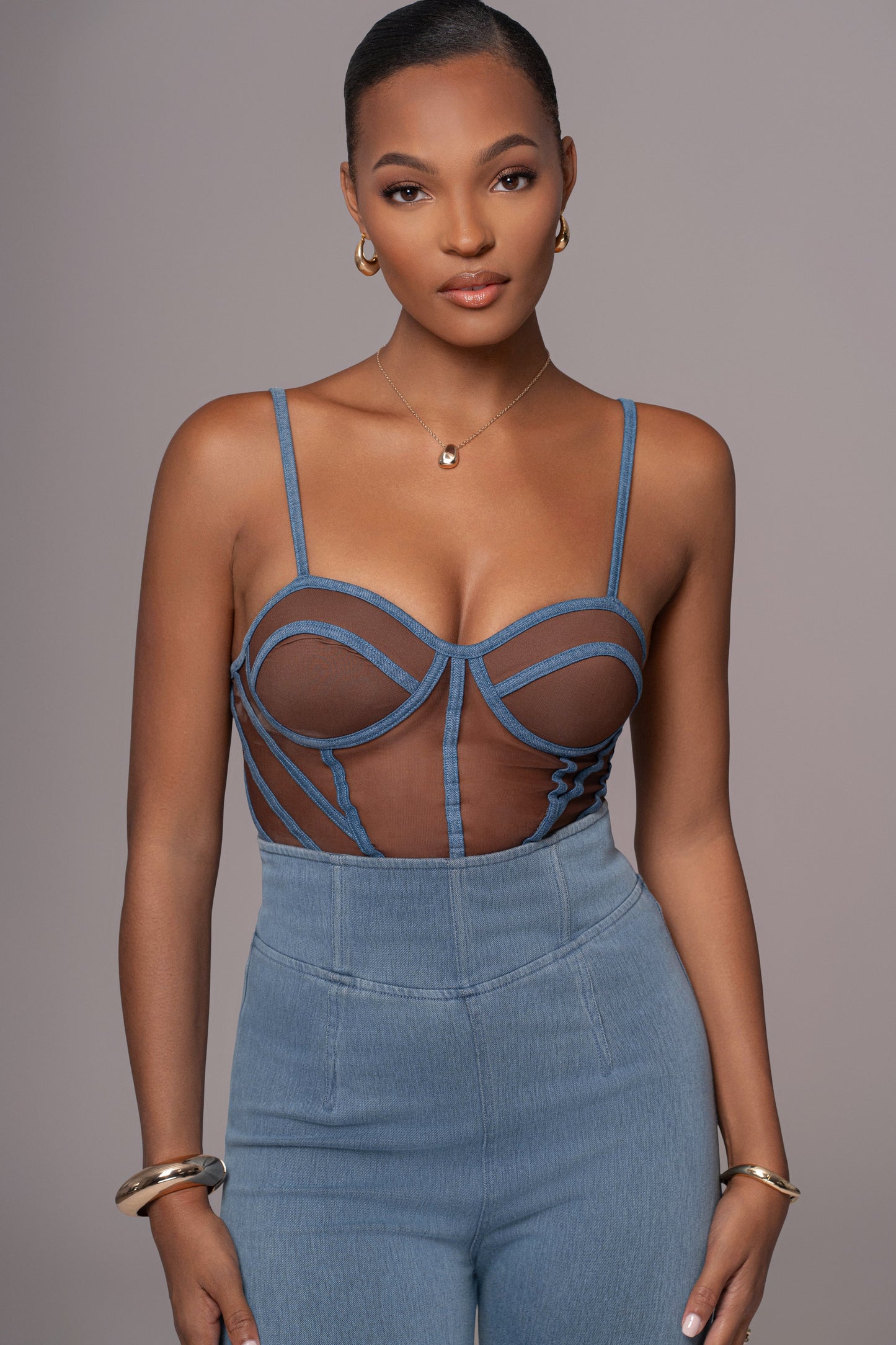 Dark Denim Illusion Mesh Bustier