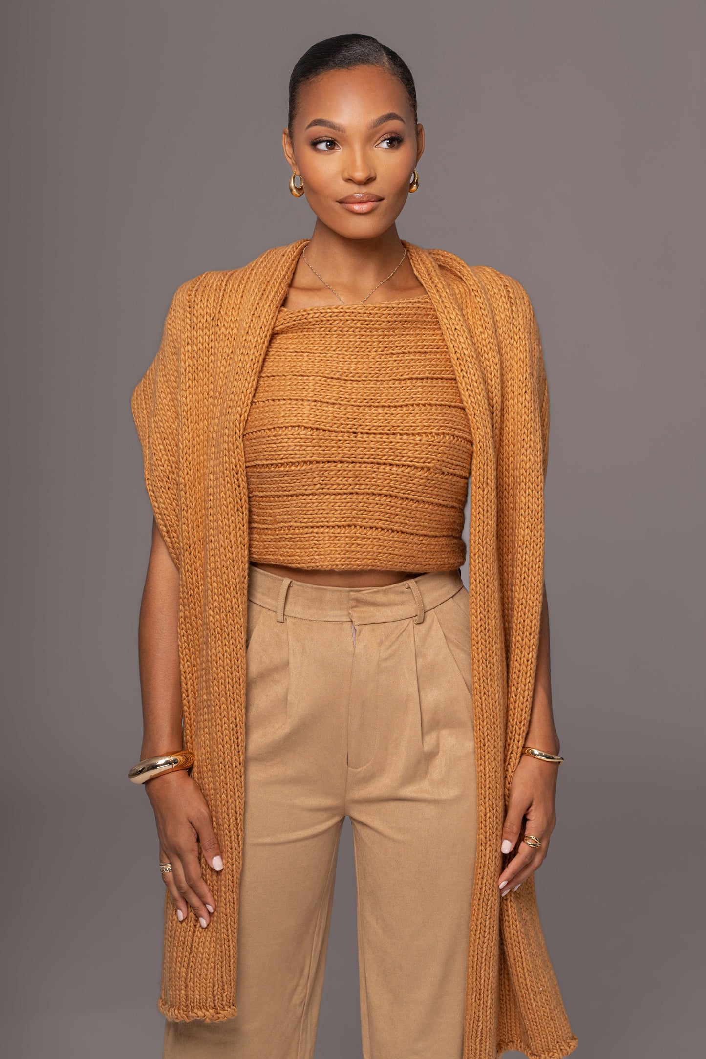 Camel Soft Life Cable Knit Sweater Top