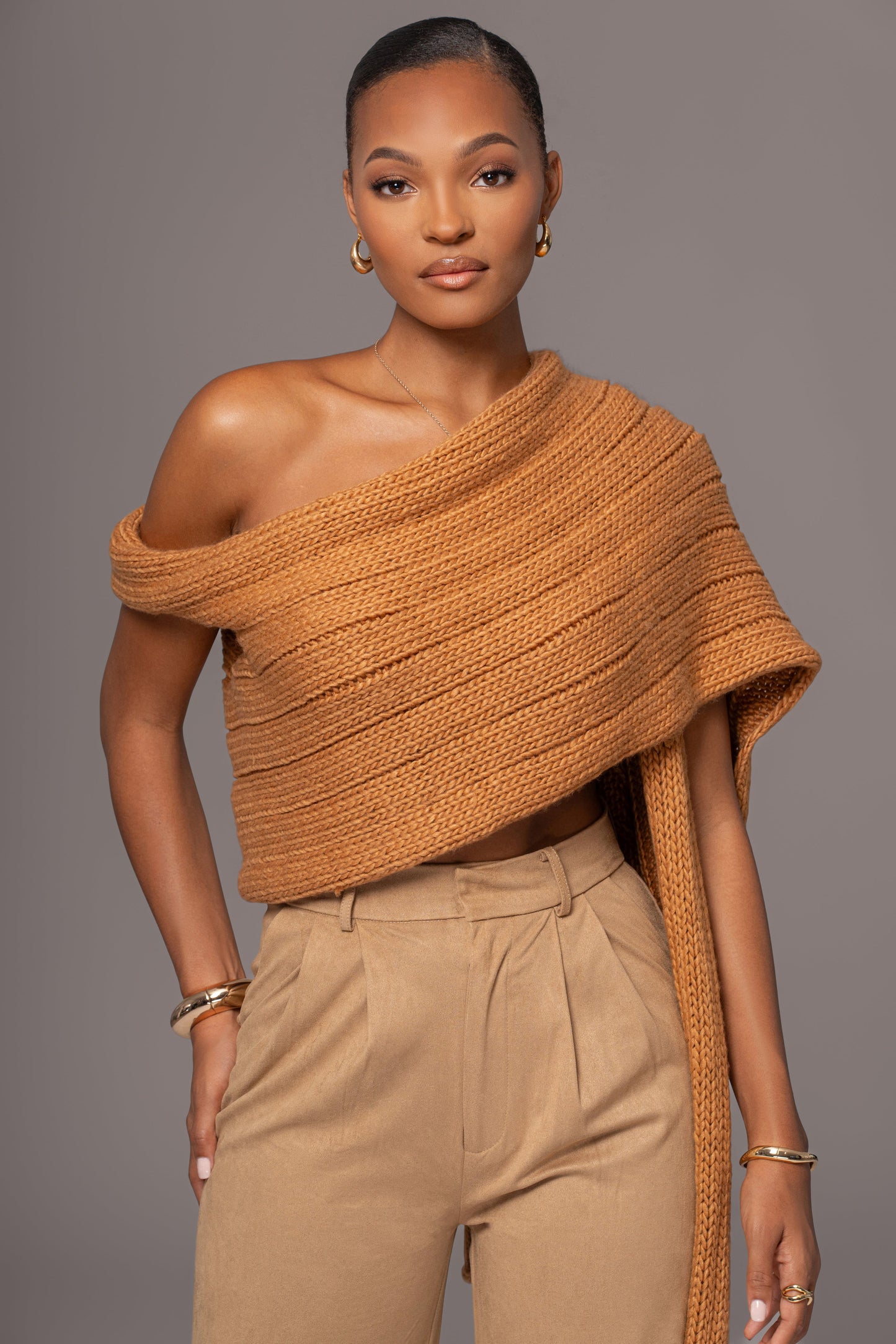 Camel Soft Life Cable Knit Sweater Top