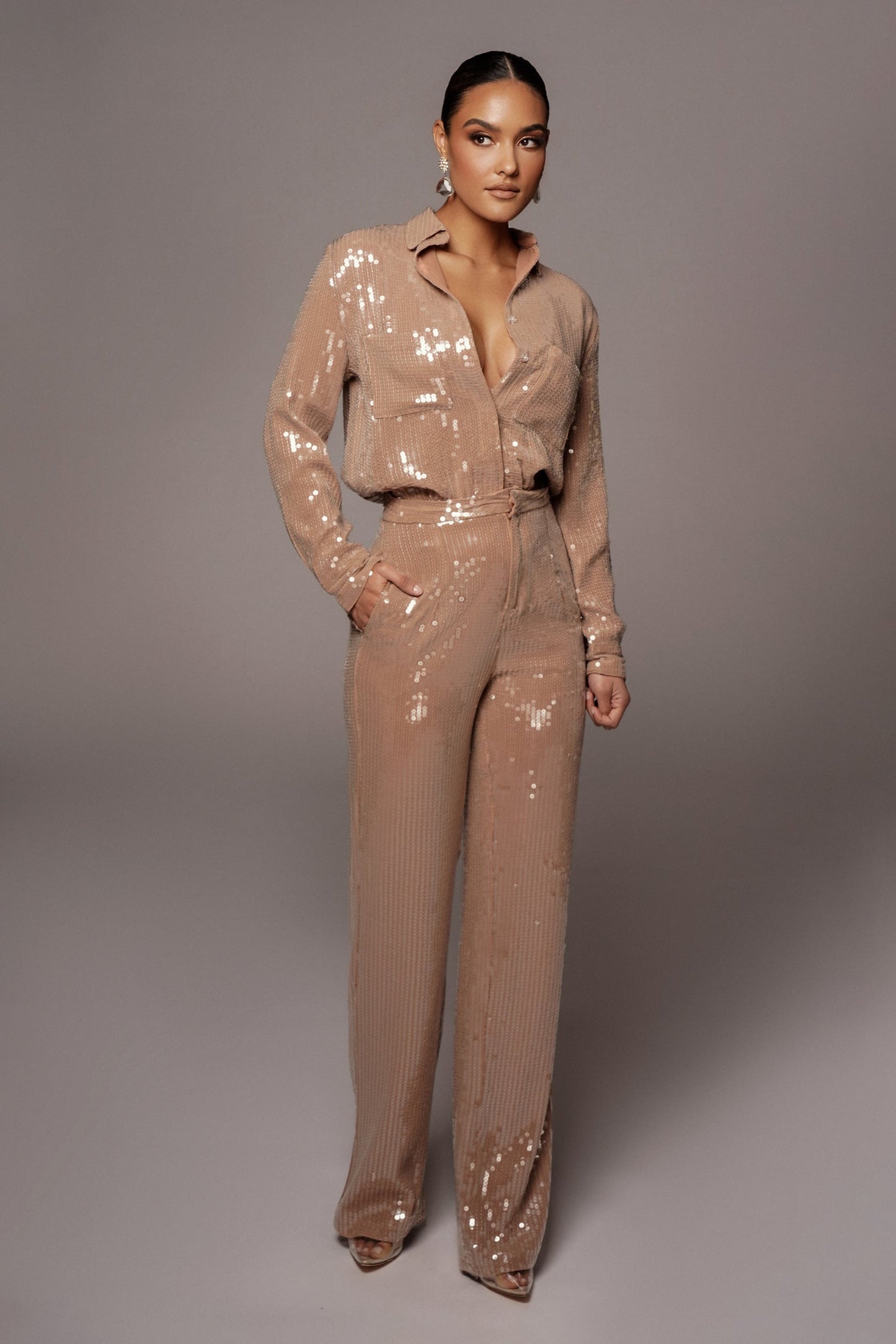 Tan Baguette Sequin Button Up